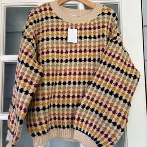 Blu Pepper Cream and Black Crew Neck Sweater with Geometric Pattern NWT
